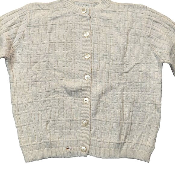 Vintage 1940s-1950s Waffle Knit Cream/Ivory Long Sleeve Cardigan Sweater Medium - Picture 3 of 7